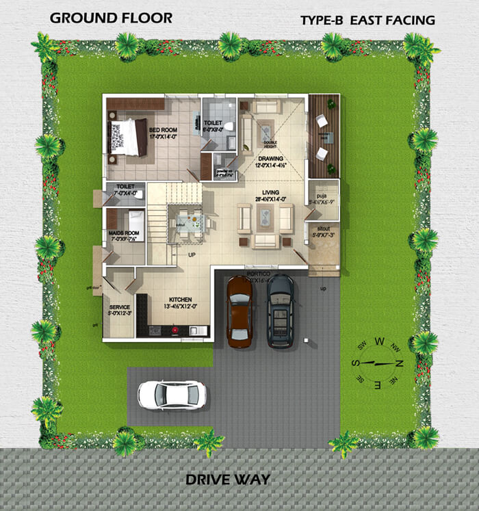 Type B East Facing Villa ground Floor plan