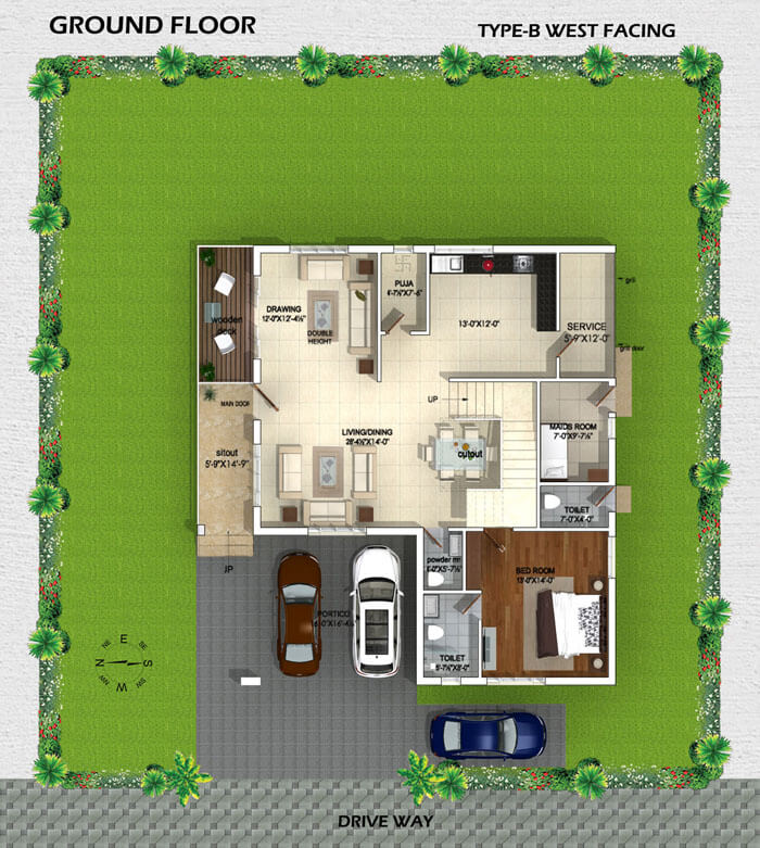 Type B West Facing Villa ground Floor plan